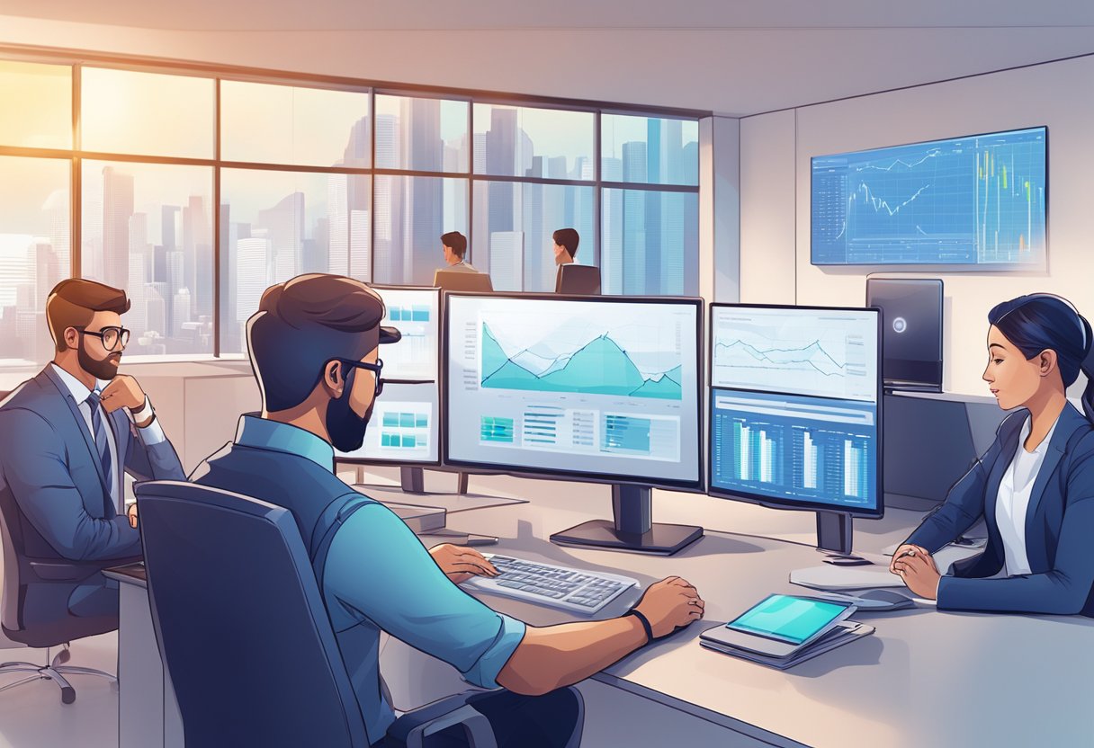 A modern office setting with computer screens, financial charts, and blockchain technology in the background. A team of professionals discussing asset tokenization