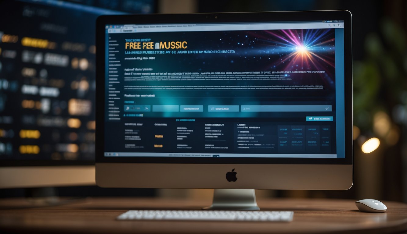 A computer screen displaying a music download website with a "free legal music" section. A hand hovers over a mouse, ready to click on a download button