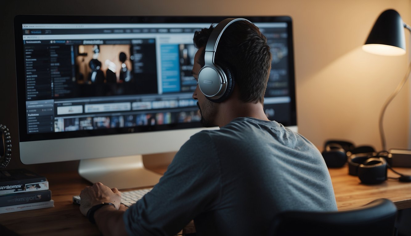 A person browsing a computer screen with music download websites open, surrounded by music technology magazines and headphones