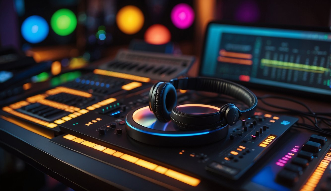 A colorful array of music genres, from classical to hip-hop, surround a computer screen displaying legal downloading options. High-quality headphones and speakers are placed nearby