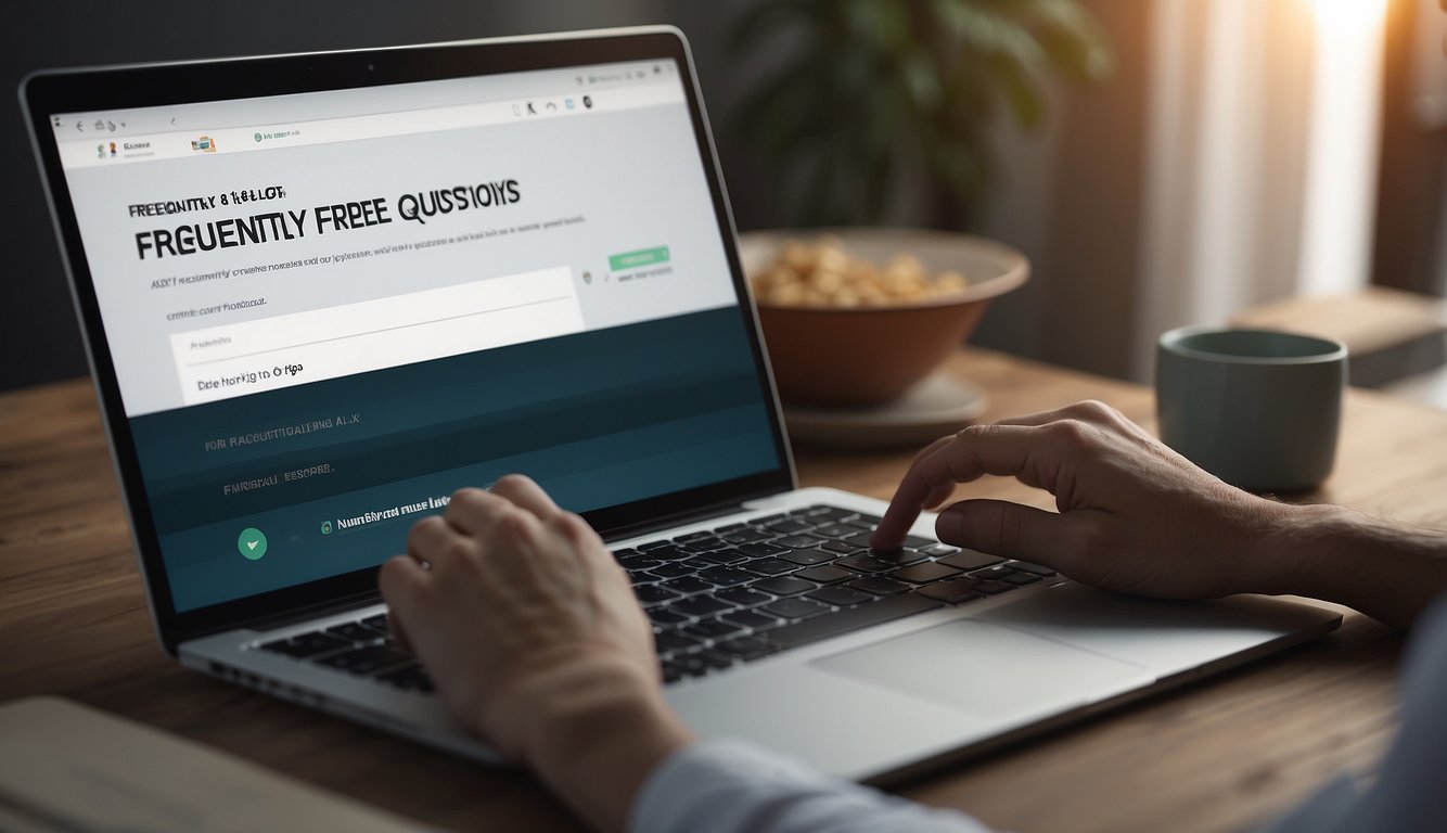 A laptop displaying a website with the title "Frequently Asked Questions How To Download Music For Free Legally" while a hand hovers over a mouse, ready to click