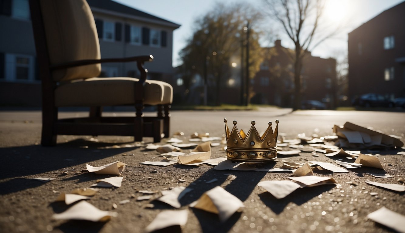 A broken crown lies on the ground, surrounded by scattered papers and a toppled chair. A shadow looms over the scene, hinting at a lurking presence