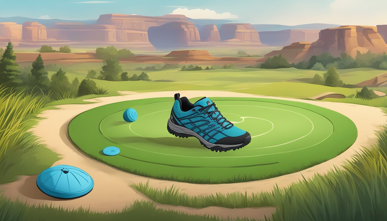Merrell Moab Edge 2 Hiking Shoes on grassy disc golf course, with a disc mid-flight towards a distant basket