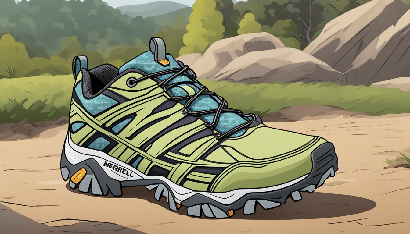 The Merrell Moab Edge 2 Hiking Shoes are shown in action on a disc golf course, providing excellent grip and support for the player's movements