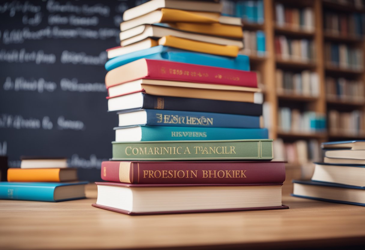 A stack of colorful textbooks arranged on a desk with a chalkboard in the background, surrounded by eager students and a teacher holding a book