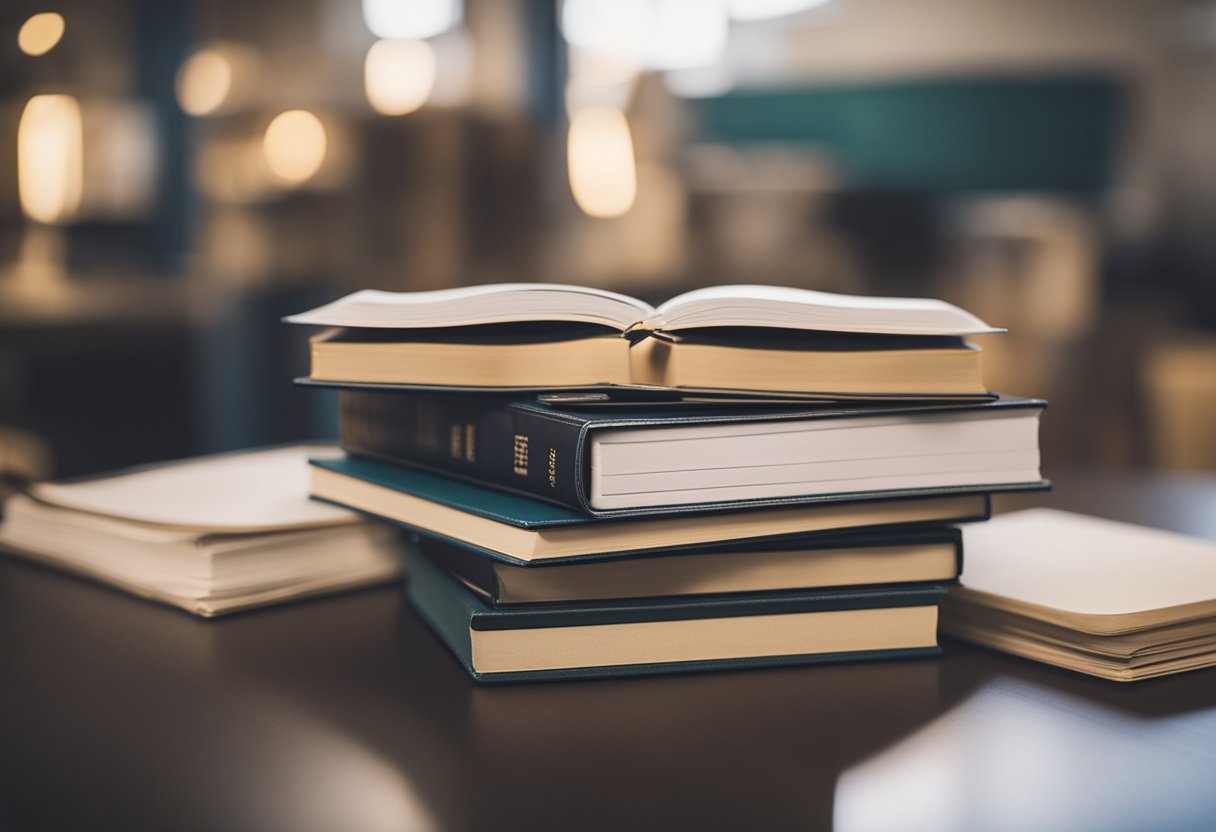 A stack of textbooks surrounded by open lesson plans, with a calendar marking "Dia do Livro Didático" in the background