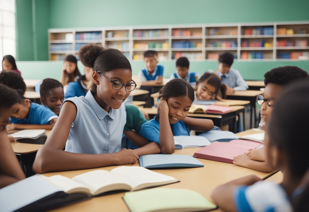 A classroom with colorful books on desks, a teacher at the front, and students engaged in group activities