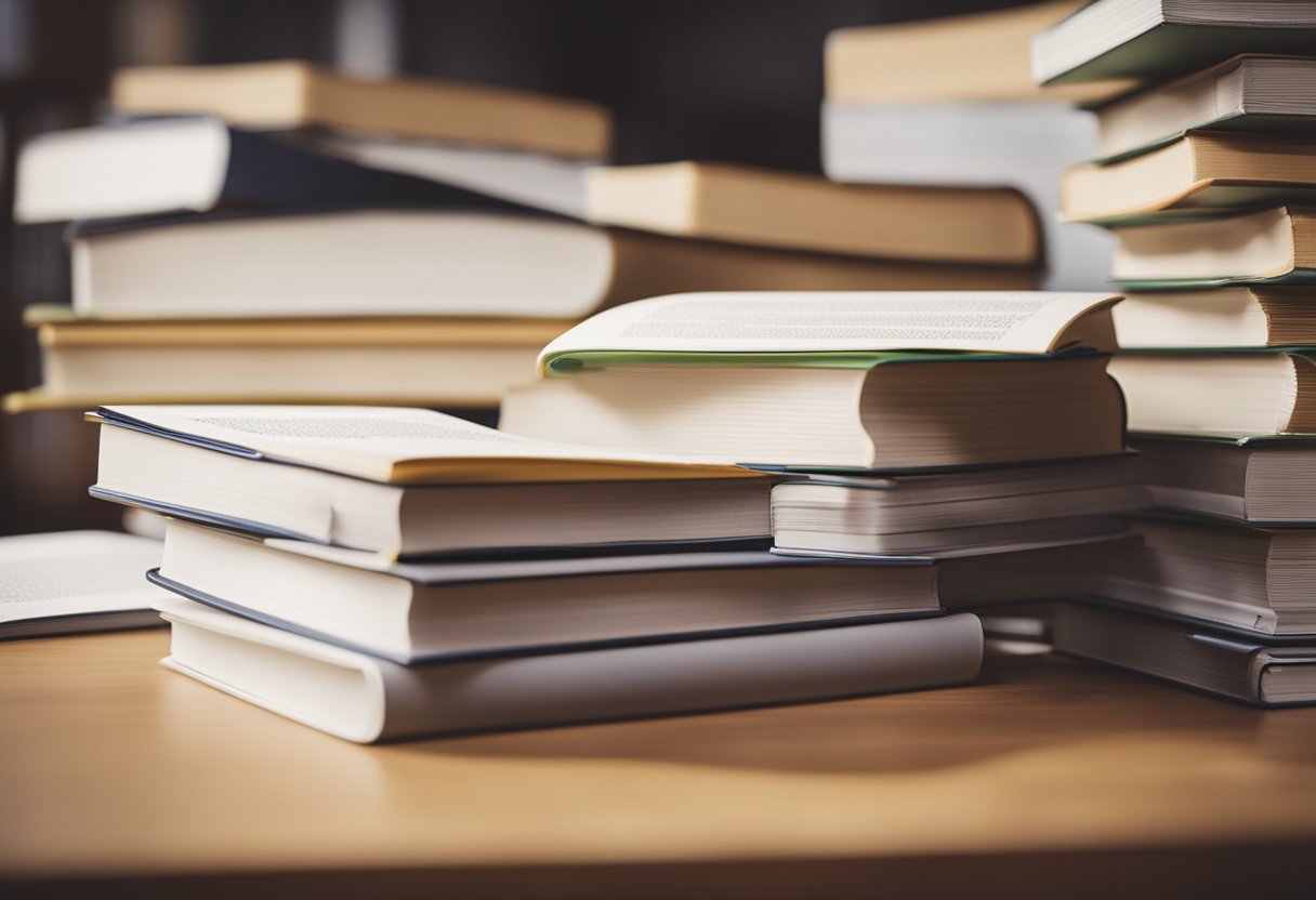 A stack of textbooks and lesson plans arranged on a desk for a day of teaching about the importance of textbooks in education