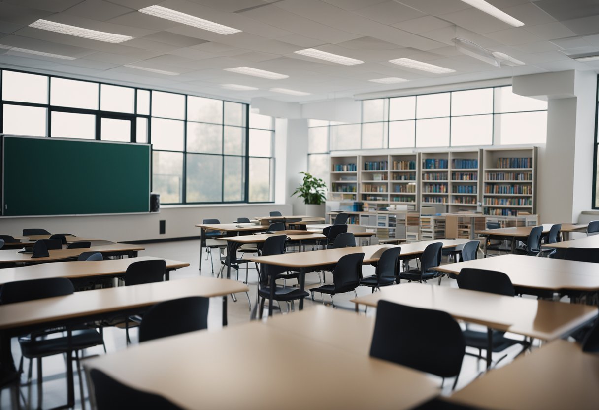 A classroom with books, tablets, and interactive learning materials spread out on desks. A teacher leads a discussion on the importance of textbooks