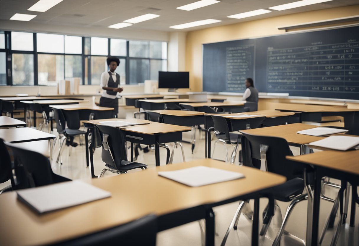 A classroom with open textbooks on desks, a teacher's lesson plan on the board, and students engaged in reading and discussion