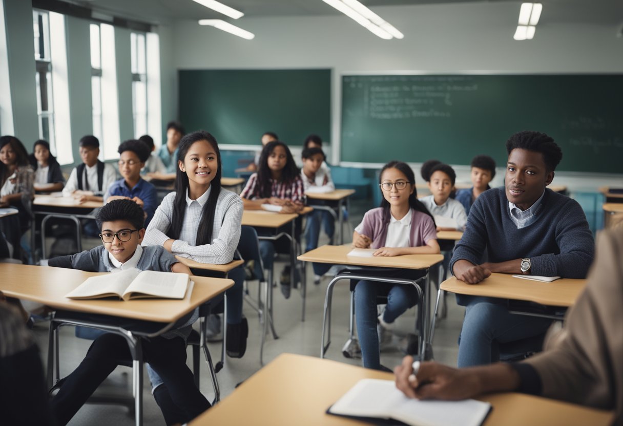 A classroom with books on desks, students reading, and a teacher leading a discussion on the importance of textbooks