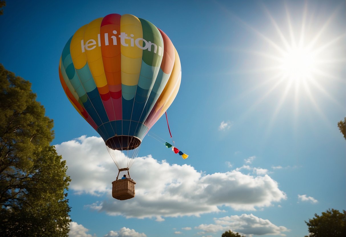 A colorful hot air balloon with the word "HELIUM" on it, flying in a clear blue sky with the Telefonica logo visible in the background