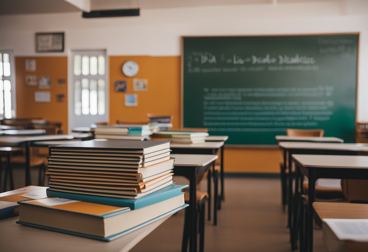 A classroom with books on desks, a chalkboard with "Dia do Livro Didático" written on it, and educational posters on the walls