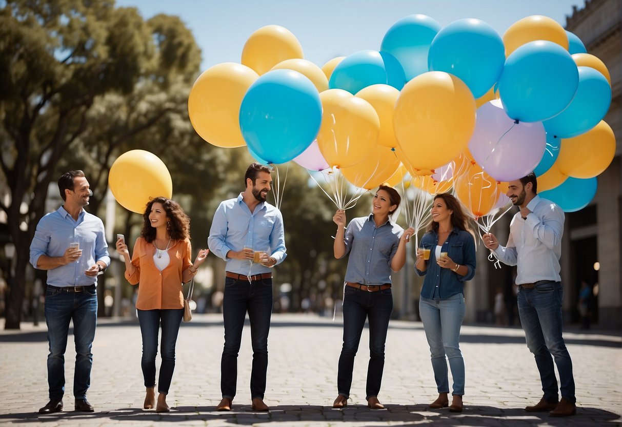 A group of happy Movistar customers enjoy improved connectivity and coverage thanks to the partnership with Telefonica, symbolized by floating helium balloons