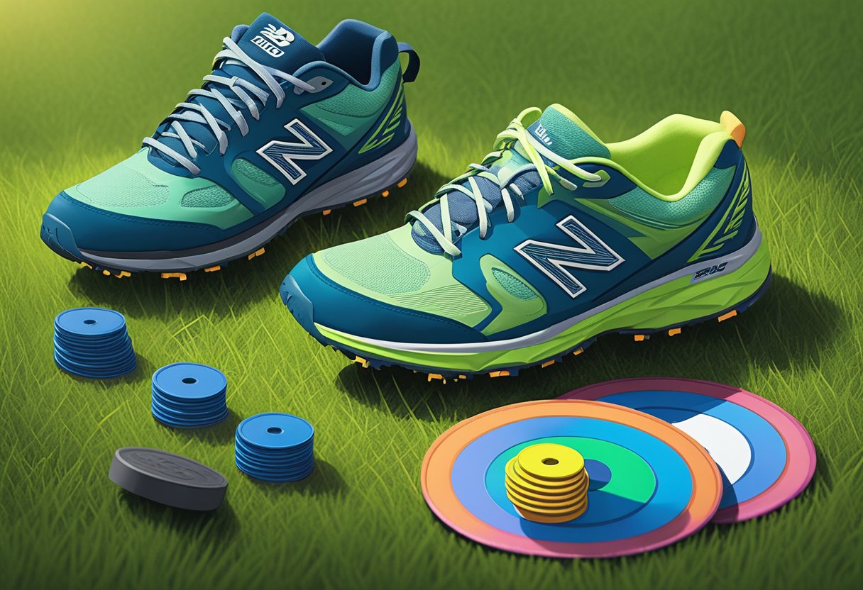 A pair of New Balance 623 V3 Casual Comfort Cross Trainers sits on the grassy ground next to a disc golf basket, surrounded by a few discs scattered around