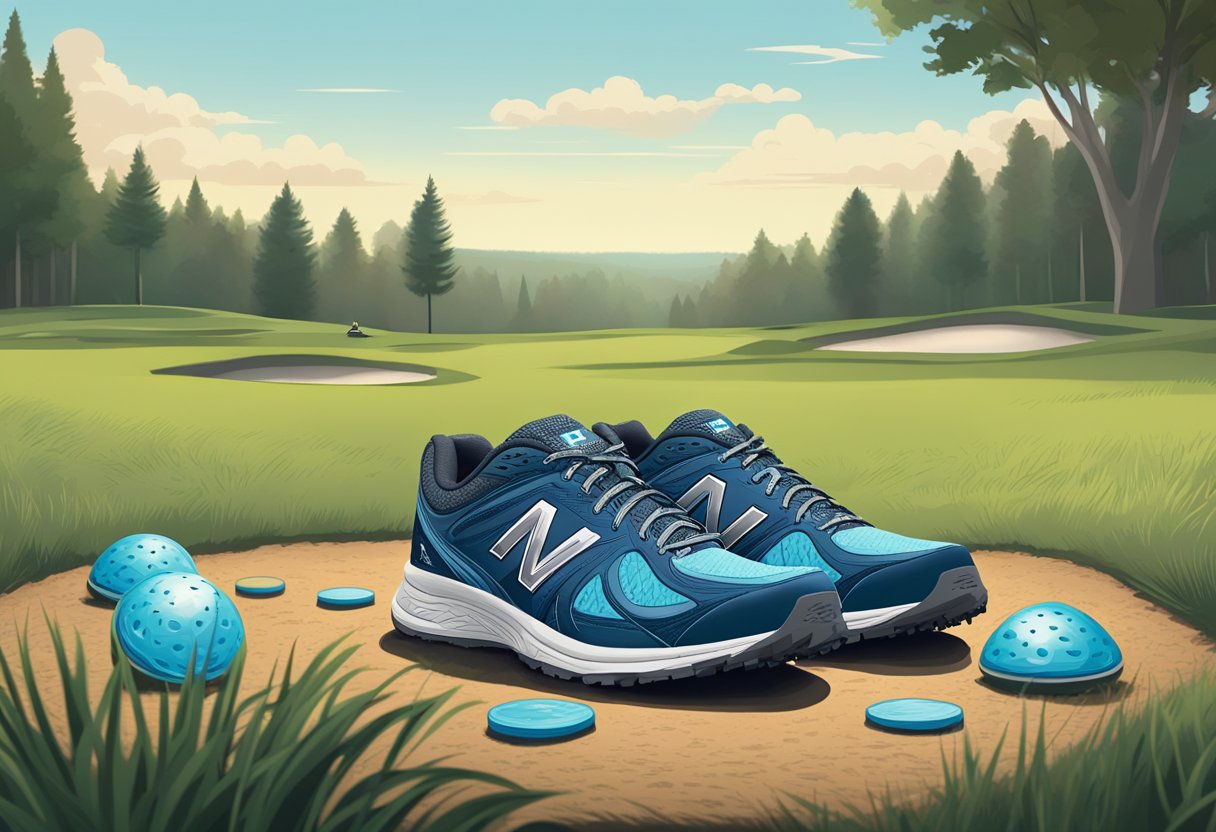 A pair of New Balance 623 V3 cross trainers sits on a grassy disc golf course, surrounded by scattered discs and a distant basket