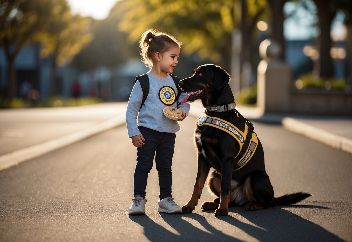A service dog sits calmly beside a child, ignoring distractions. It wears a harness with a "Do Not Pet" patch. The child holds a treat, ready to reward the dog for good behavior