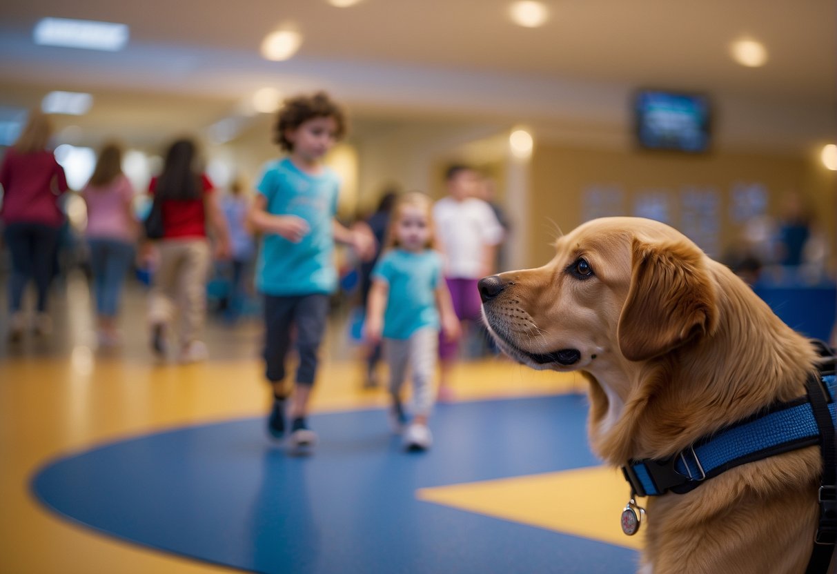 An autism service dog training: dog follows commands, interacts with a child, remains calm in busy environments, and provides comfort
