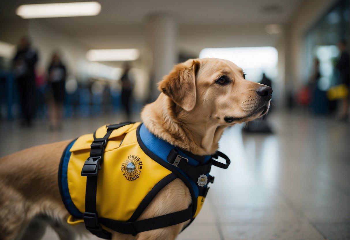 An autism service dog is being trained to perform tasks such as providing deep pressure therapy, interrupting repetitive behaviors, and guiding the individual in public spaces