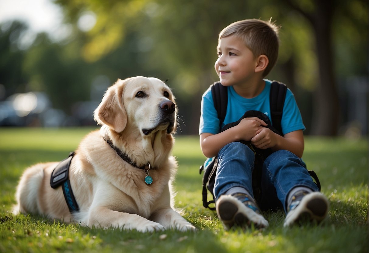 An autism service dog calmly sits beside a child, providing comfort and support. The dog's attentive gaze and gentle presence convey a sense of security and companionship