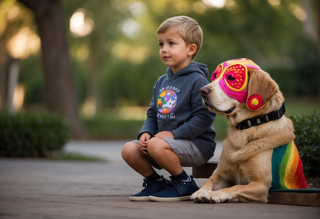 An autism service dog sits calmly beside a child, providing comfort and support. The dog's attentive gaze and relaxed posture demonstrate its ability to offer emotional and sensory assistance