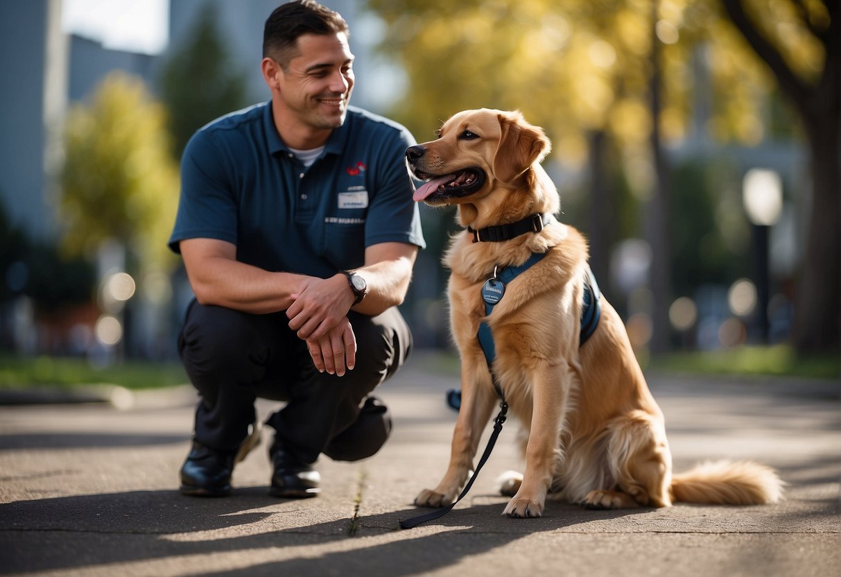 An autism service dog sits calmly beside a person, providing comfort and companionship. The individual smiles, feeling supported and understood