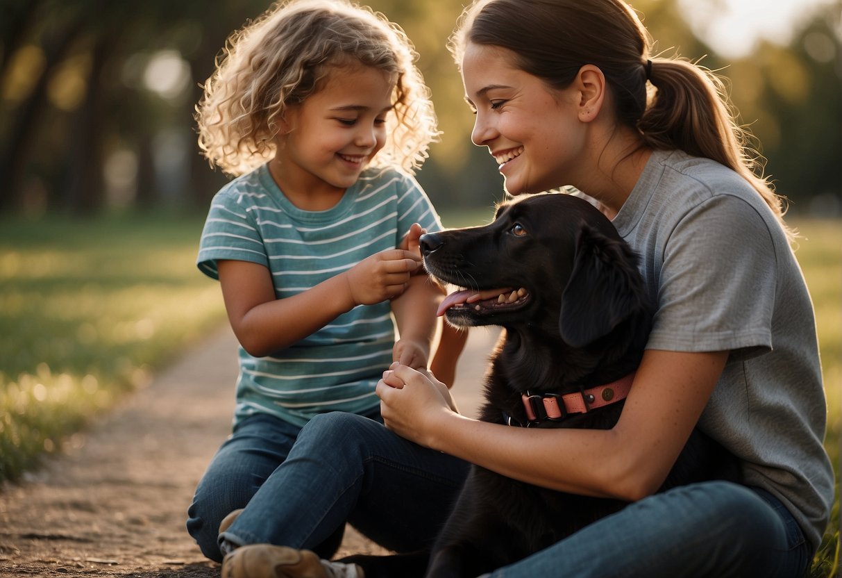 An autism service dog sits beside a child, providing comfort and support. The child smiles while petting the dog, showcasing the benefits of their bond