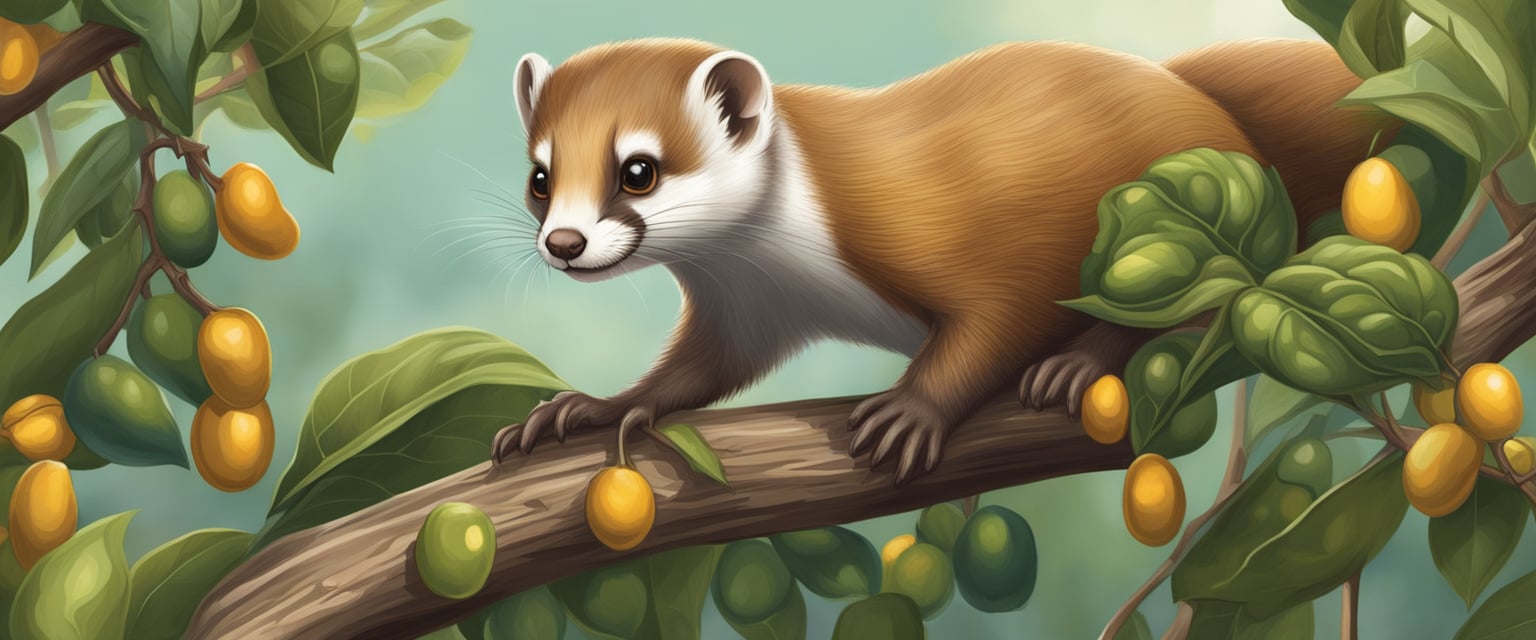A weasel climbs coffee trees, selecting ripe beans