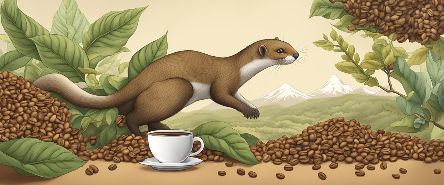 Coffee beans fermenting in a weasel's digestive system, releasing unique flavors and aromas. Chemical reactions transform the beans into sought-after weasel coffee