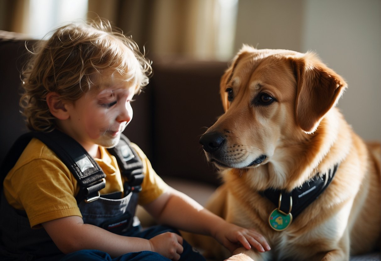 A child and a service dog sit in a quiet room, the dog's attentive gaze fixed on the child. The child reaches out to pet the dog, a look of joy and connection on their face