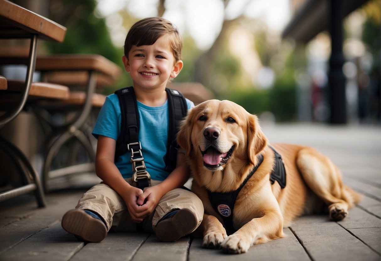 A service dog sits calmly beside a child with autism, providing comfort and support. The child smiles, feeling understood and safe
