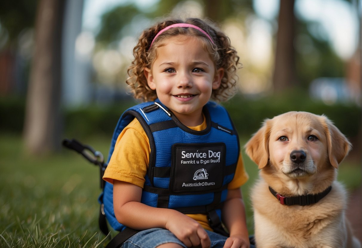 An autism service dog sits beside a child, alert and attentive. The child smiles, holding a leash, while the dog wears a vest with the words "Service Dog" on it