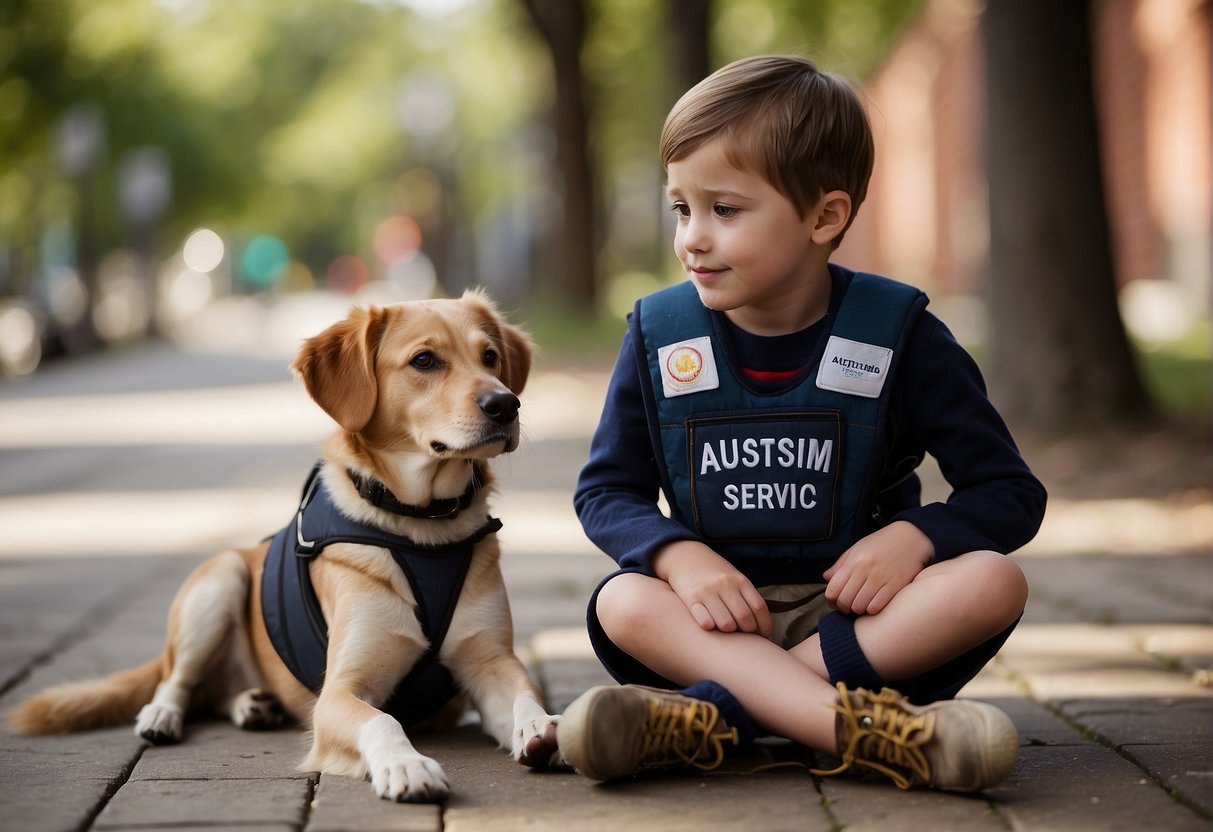 An autism service dog sits beside a young child, offering comfort and support. The dog is wearing a vest with the words "Autism Service Dog" on it