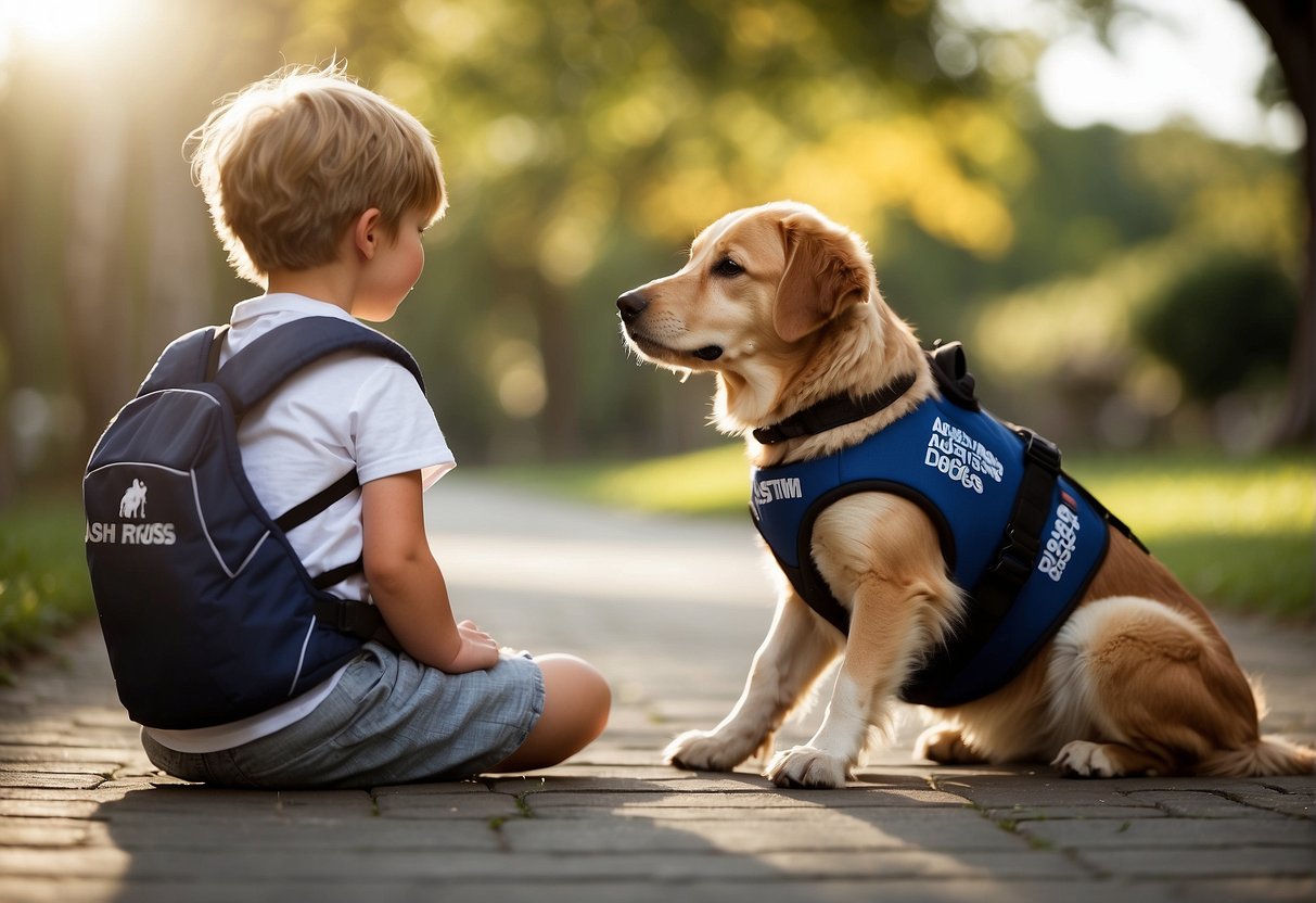 An autism service dog sits beside a child, providing comfort and support. The dog wears a vest indicating its role. Text reads "Understanding Autism Service Dogs" and "Autism service dog cost."
