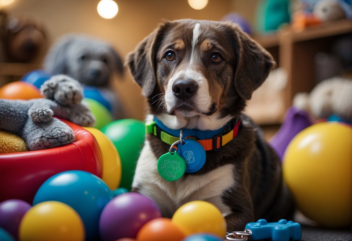 An autism service dog sits beside a child, surrounded by calming toys and sensory tools. A price tag hovers above, indicating the cost of the valuable support animal