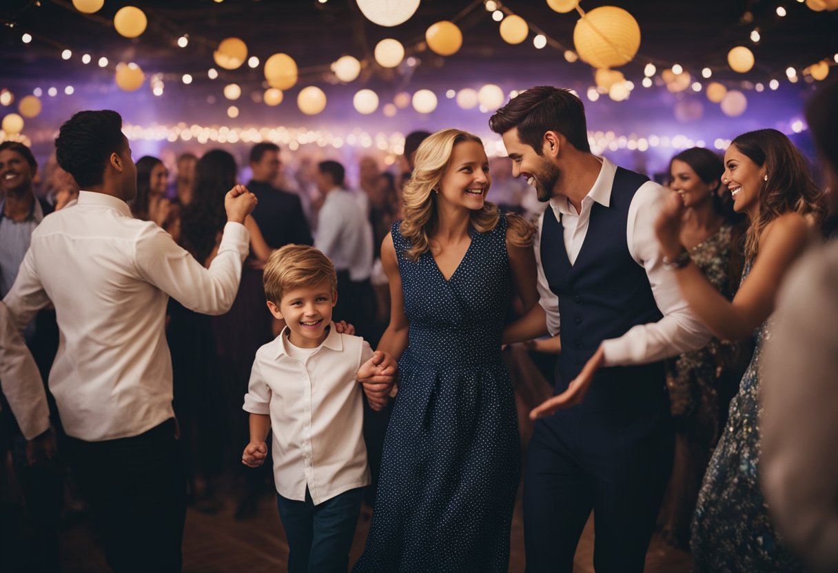 A mother and son stand on the dance floor, surrounded by friends and family. The mother smiles as she holds her son's hand, while they sway to the music, celebrating their special bond