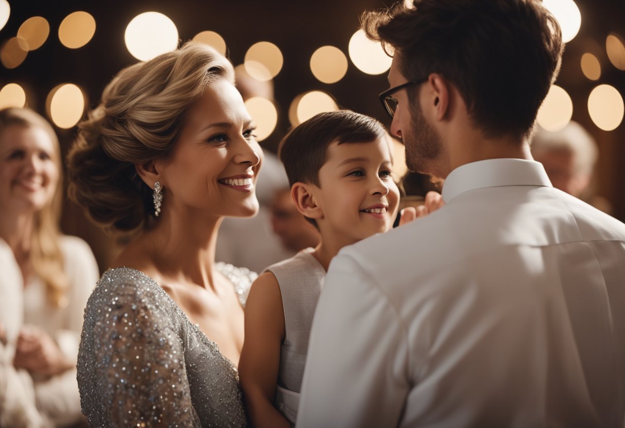 A mother and son stand on the dance floor, surrounded by their loved ones. The music plays as they share a special moment, embracing each other with smiles on their faces
