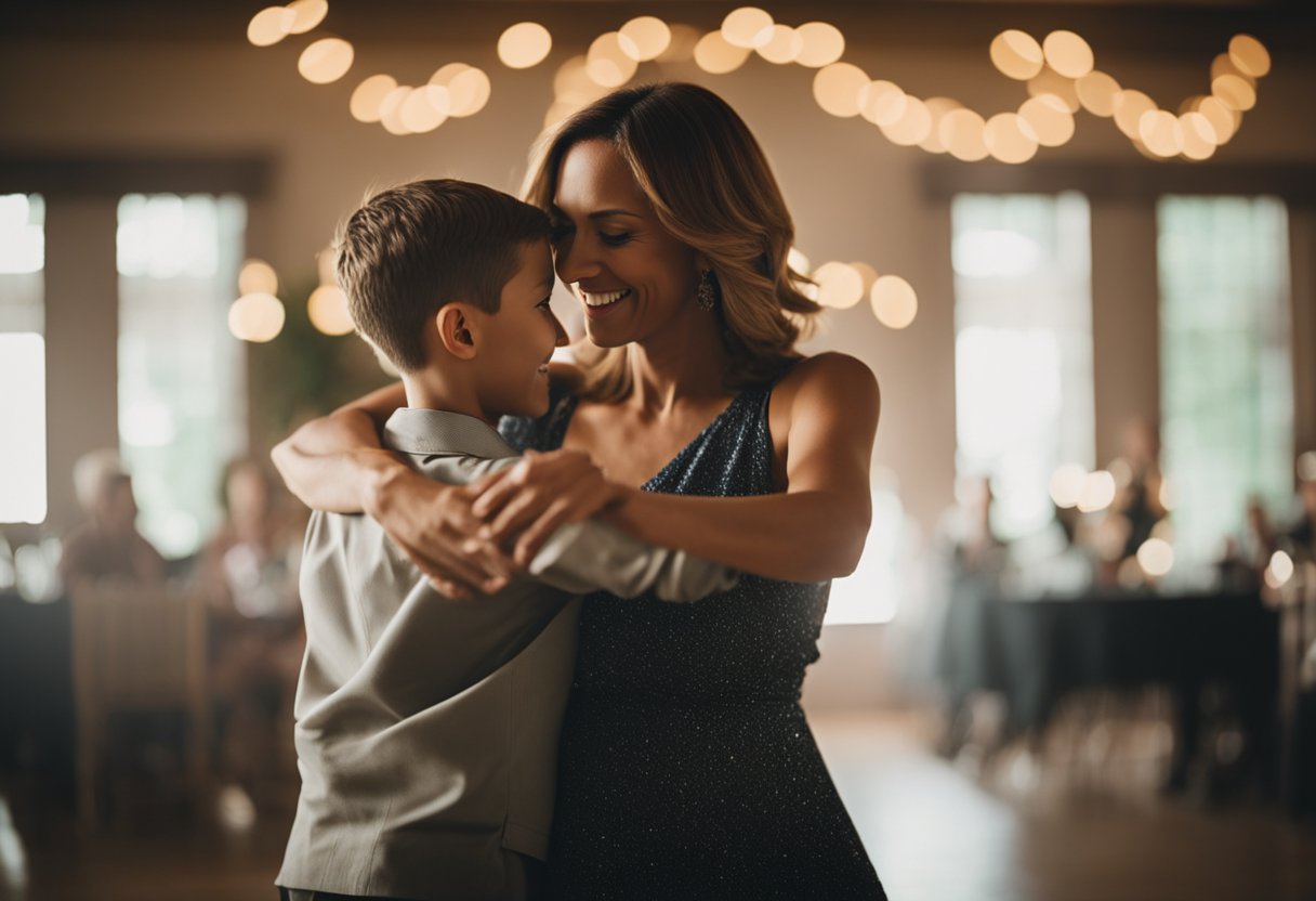 A mother and son dance together, their movements filled with emotion and love. The music is soft and sentimental, creating a memorable and touching moment for the two of them