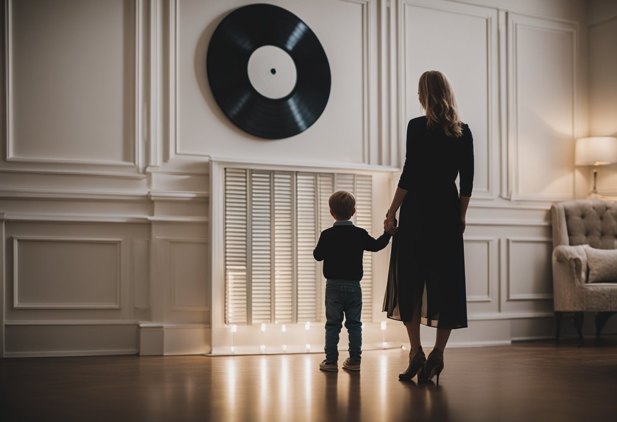 A mother and son stand on opposite sides of a room, looking at a playlist of dance songs. They consider the practicality of choosing a song for their mother-son dance at a wedding, taking into account their divorced parents' preferences