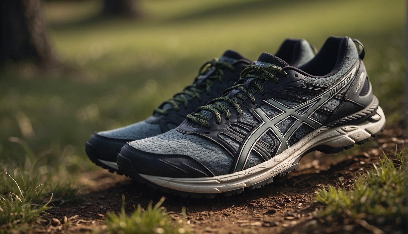 A pair of Asics Frequent Trail Running Shoes sits on a grassy disc golf course, surrounded by scattered discs and a distant basket