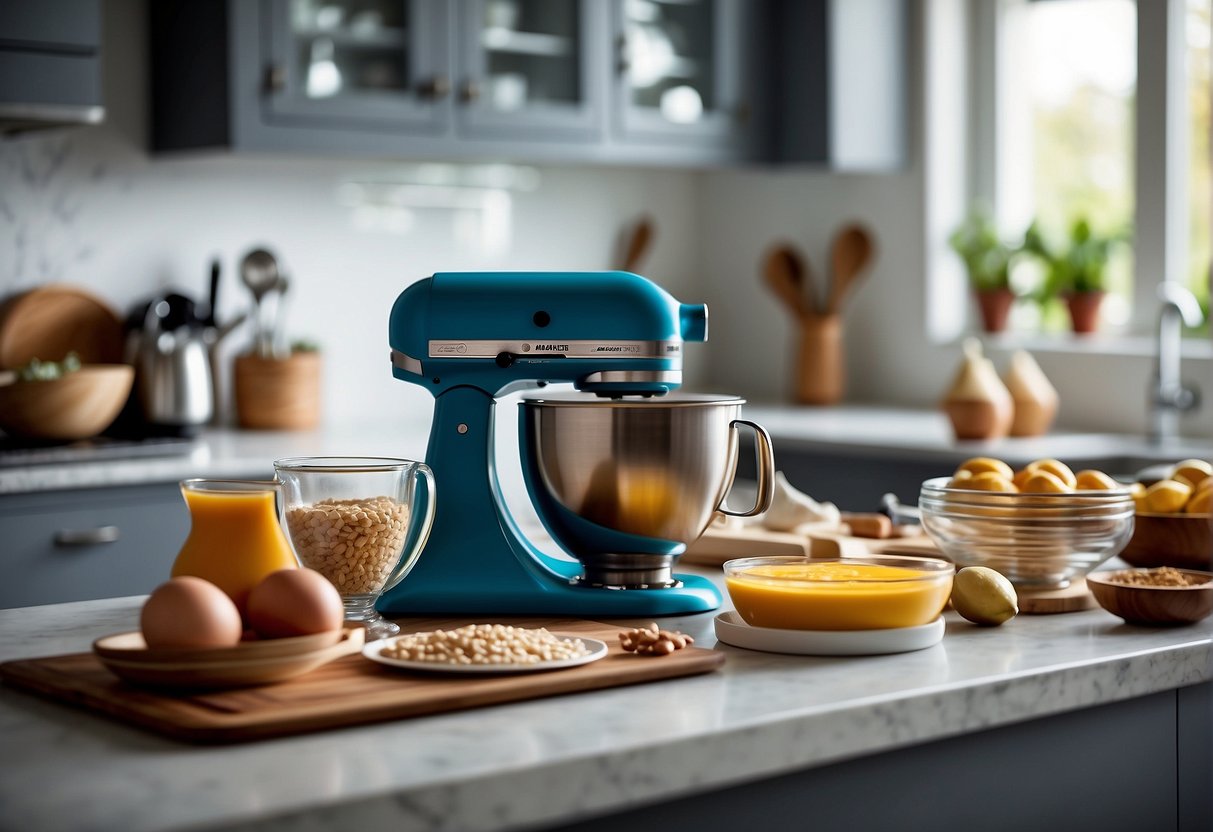 A kitchen countertop cluttered with innovative gadgets for baking and cooking, including a stand mixer, silicone baking mats, piping bags, and a digital kitchen scale