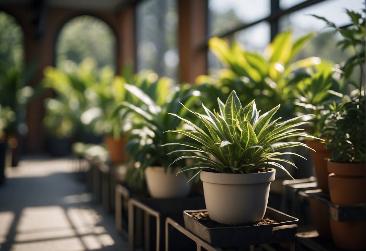 Houseplants surrounded by protective barriers, with natural pest deterrents nearby. Disease-resistant plants and proper ventilation also evident