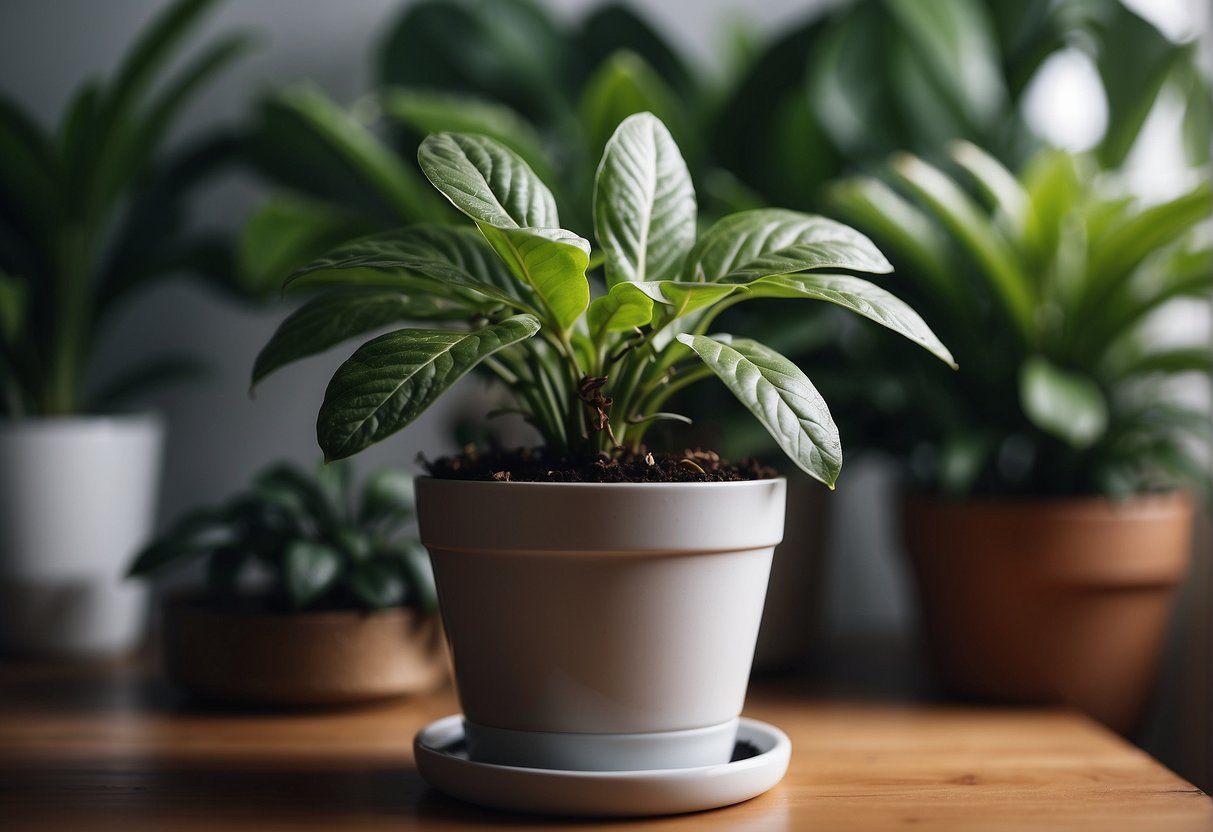 A healthy houseplant surrounded by various pests and diseases, with clear signs of damage and wilting leaves