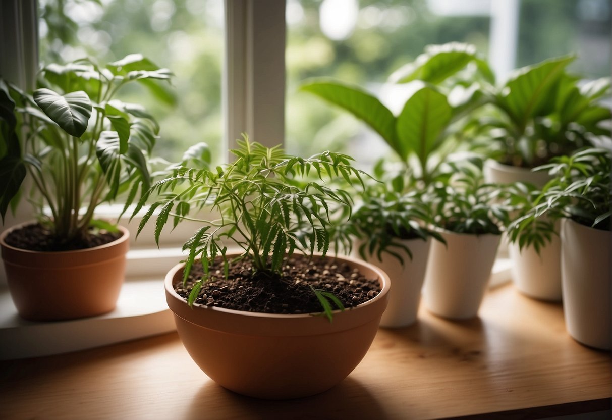 Healthy houseplants surrounded by natural pest deterrents like neem oil and diatomaceous earth, with good air circulation and proper watering