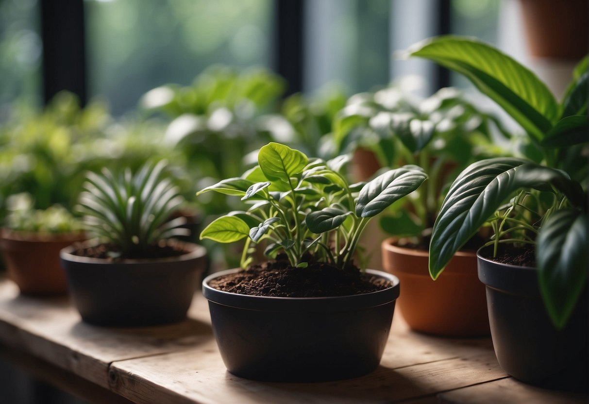 Healthy houseplants surrounded by natural pest-repelling herbs and organic soil, with no signs of pests or diseases present