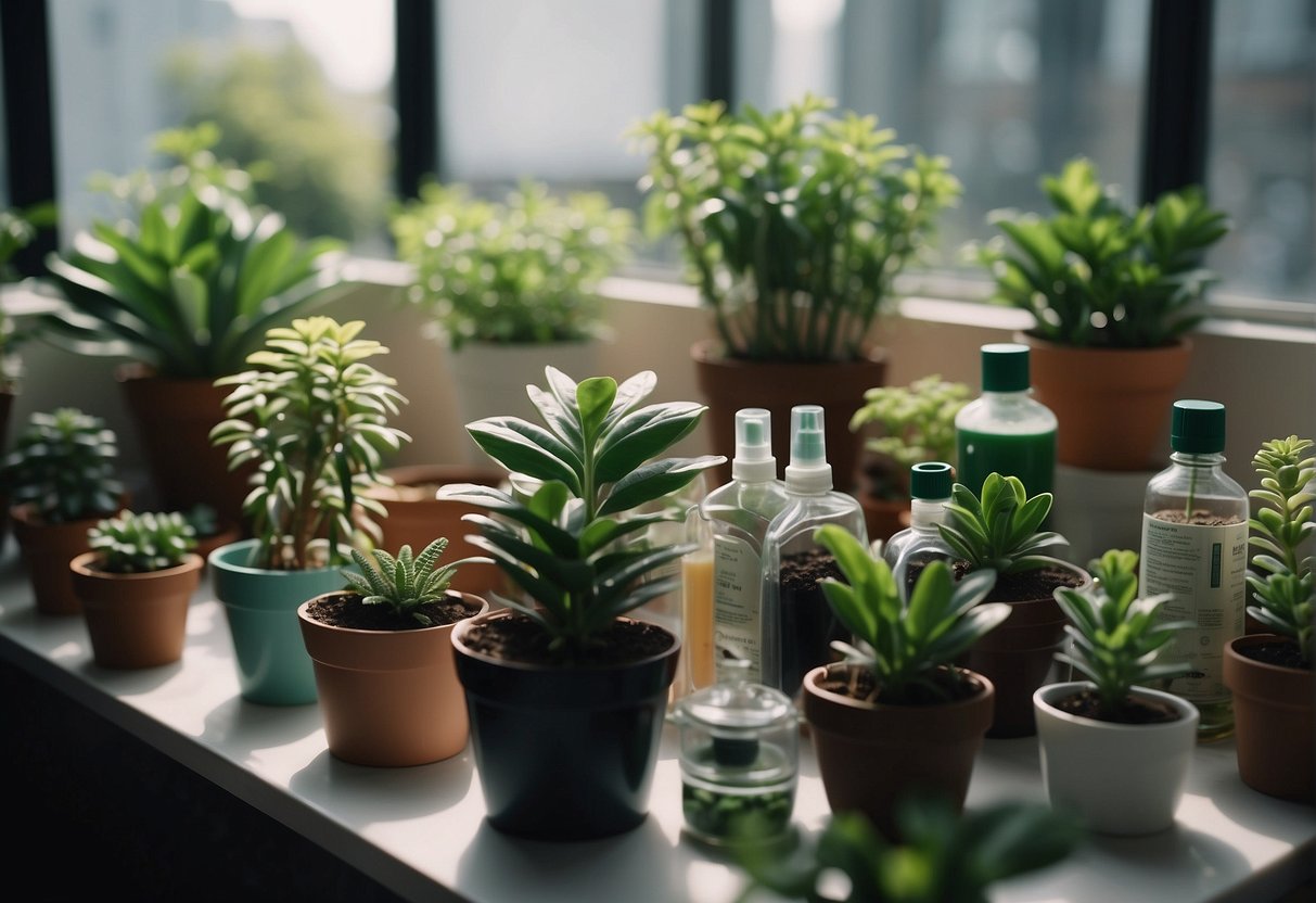 Houseplants surrounded by protective barriers and labeled chemical control products