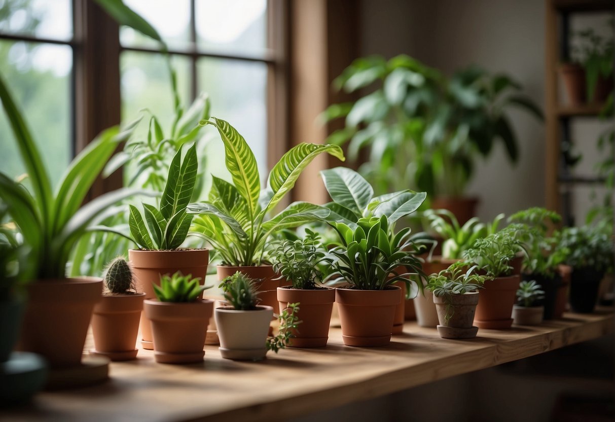 A variety of houseplants are shown surrounded by natural pest repellents like neem oil and diatomaceous earth to protect them from pests and diseases