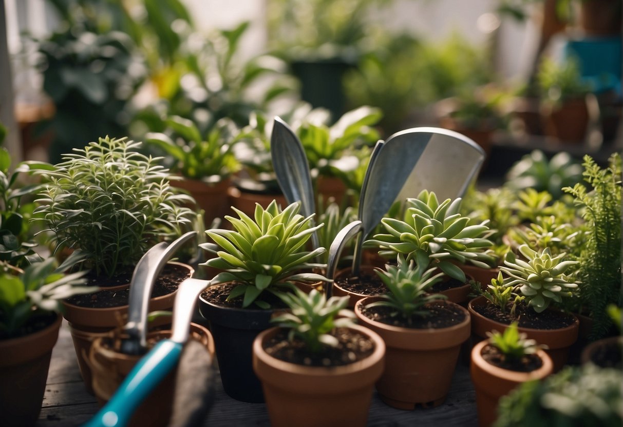 Houseplants surrounded by protective barriers, with signs of pests and diseases. A person holding gardening tools nearby