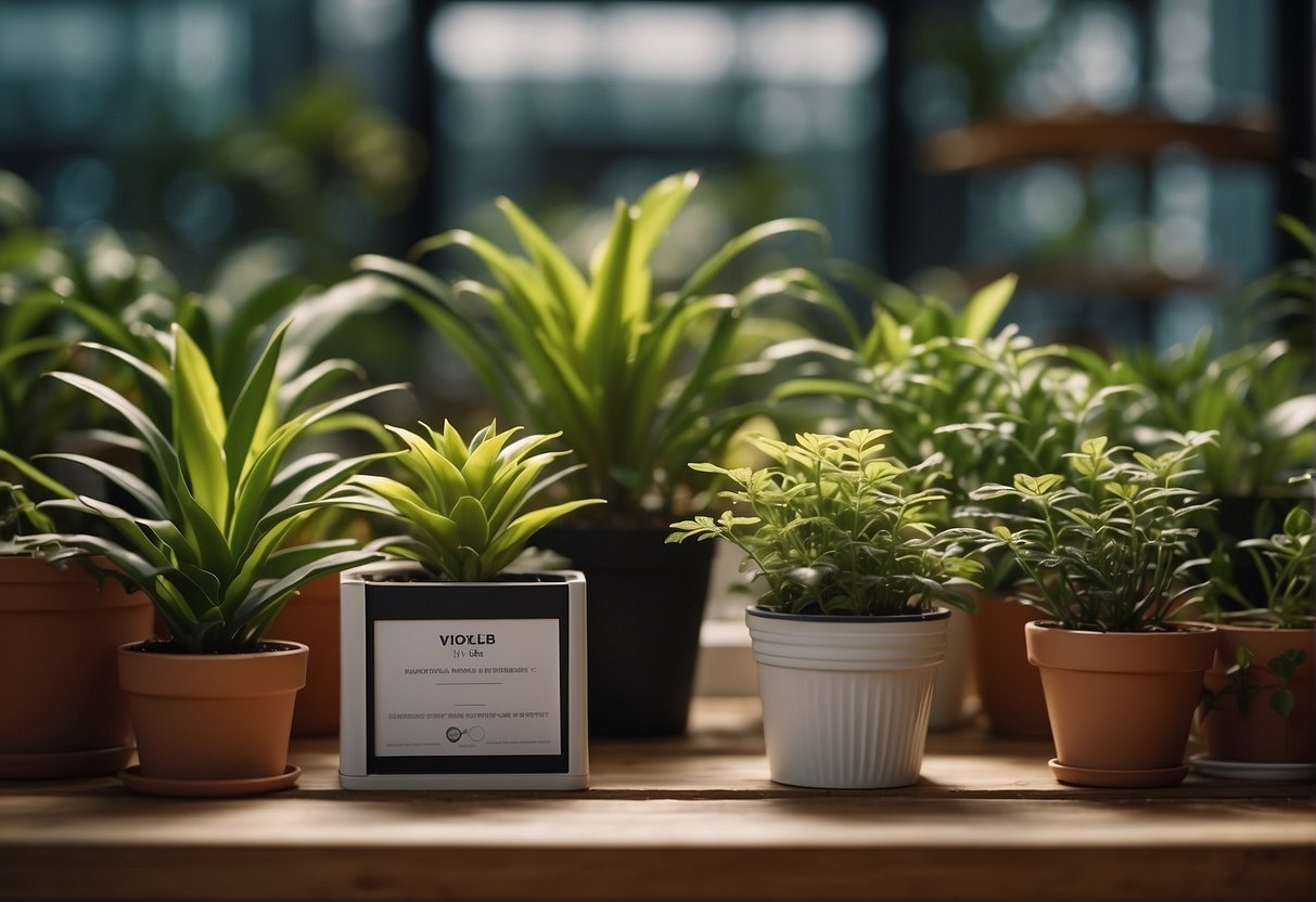 Houseplants surrounded by protective barriers, with signs warning of pests and diseases. Sprays and traps placed strategically around the plants