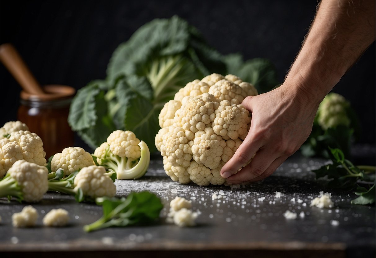 A hand reaches for a head of cauliflower, a knife slices it into florets. The florets are tossed in oil and seasoning, then spread onto a baking sheet